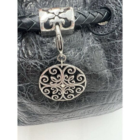 Brighton Drawstring Charcoal Gray Faux Croc & Pebbled Leather with Silver Accent - Picture 2 of 14